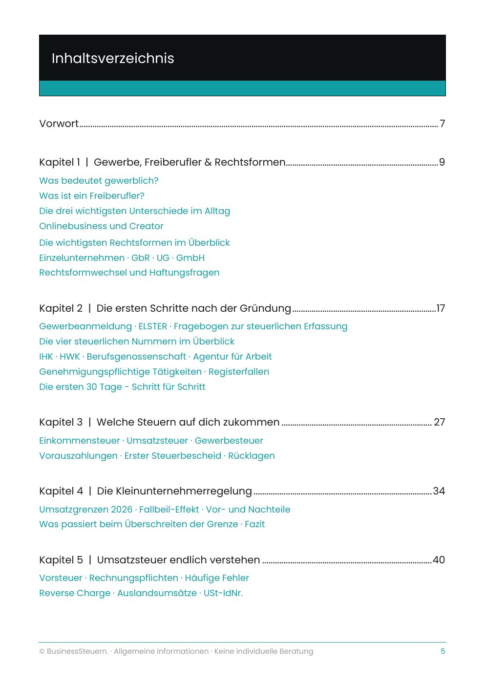 Inhaltsverzeichnis des Guides mit allen zehn Kapiteln